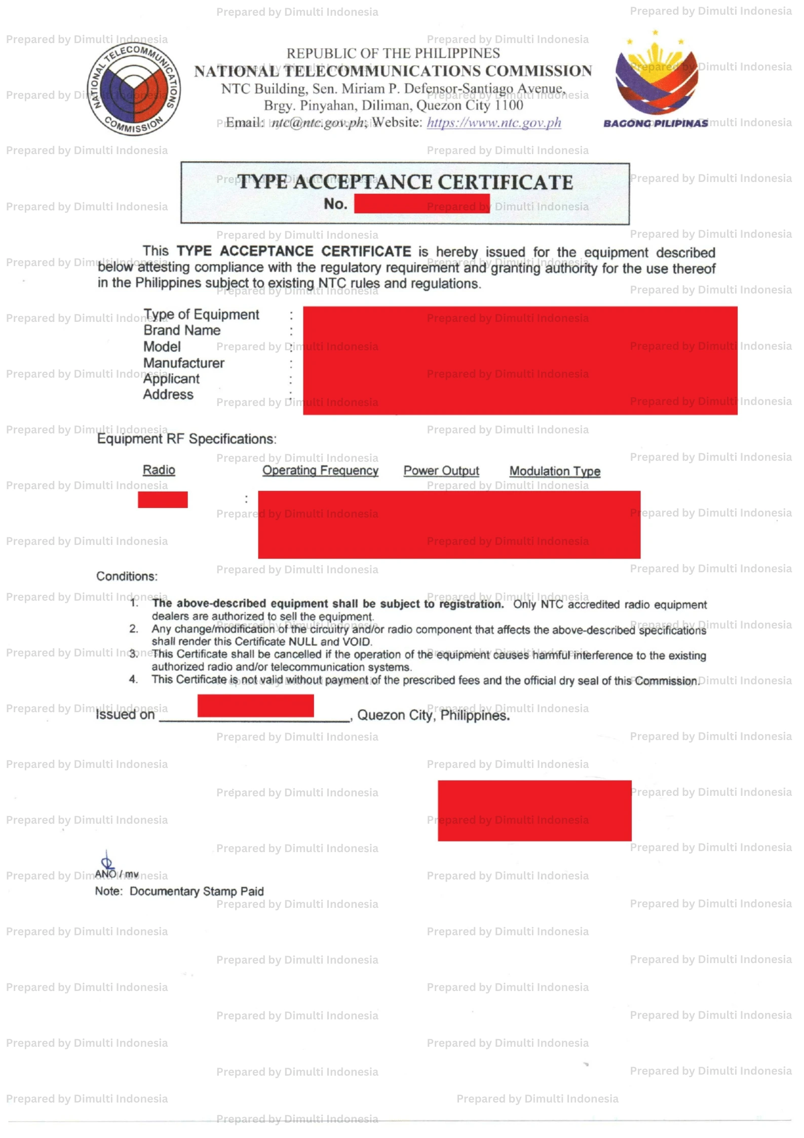 Example of an NTC Type Certificate in the Philippines