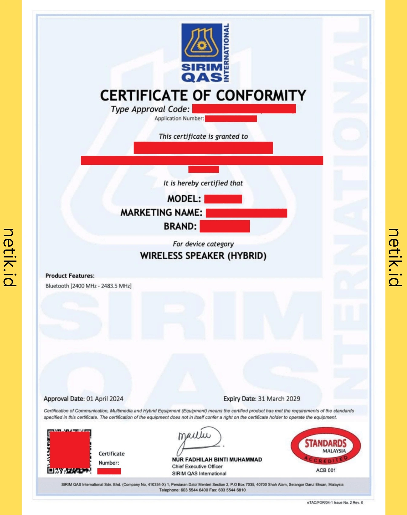 Example of Malaysia SIRIM Certificate