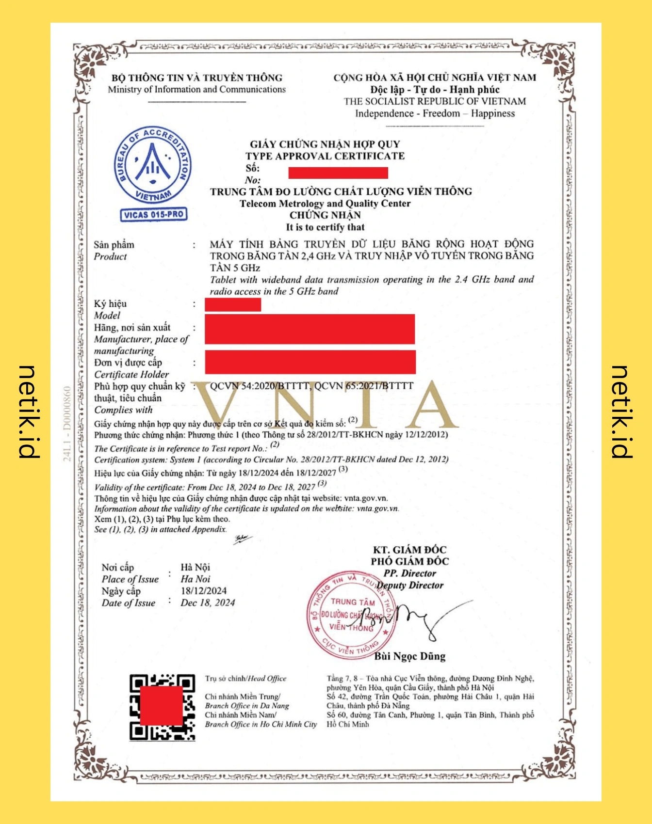 Example of Vietnam Most Type Approval Certificate