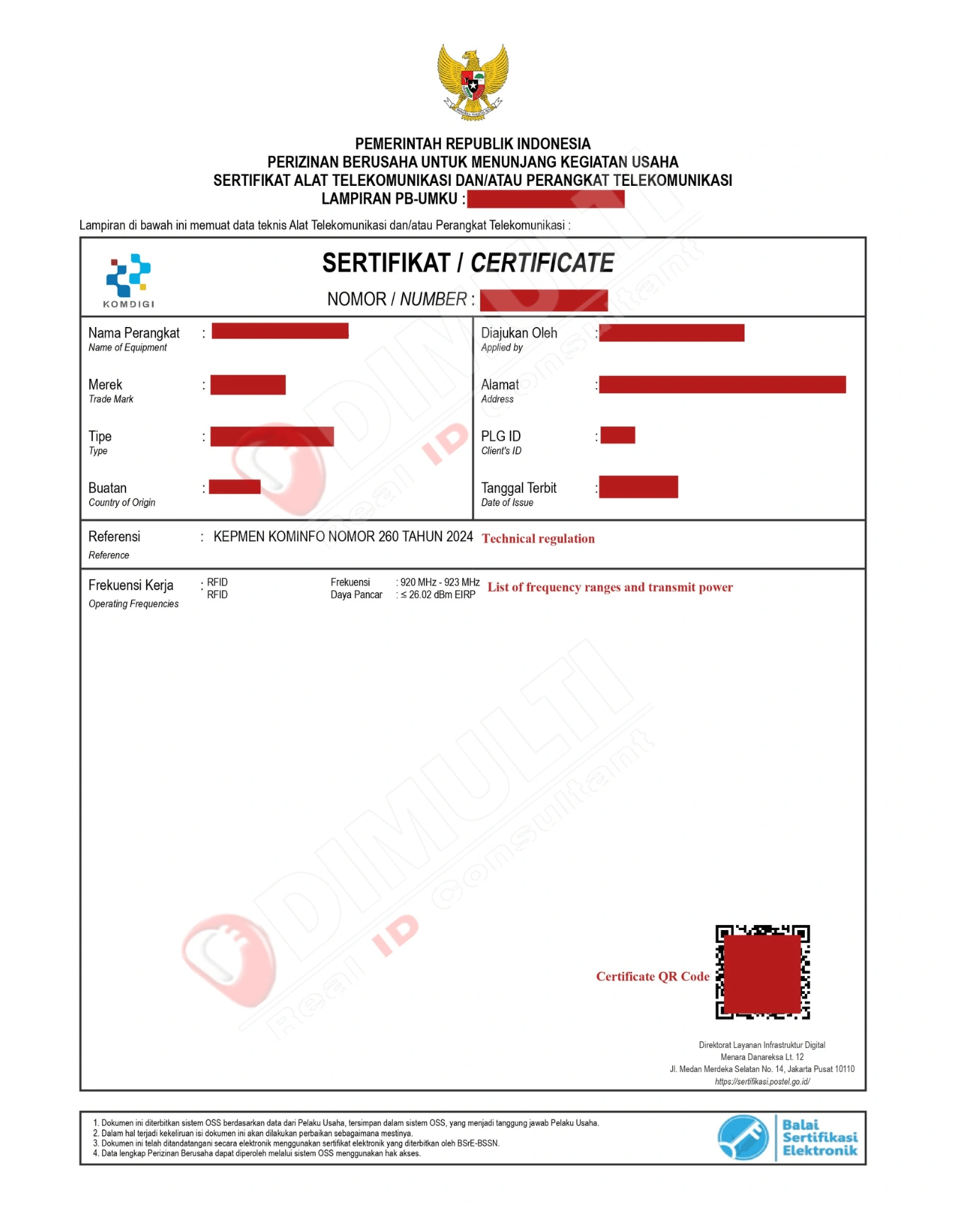 Indonesia Type Approval Certificate